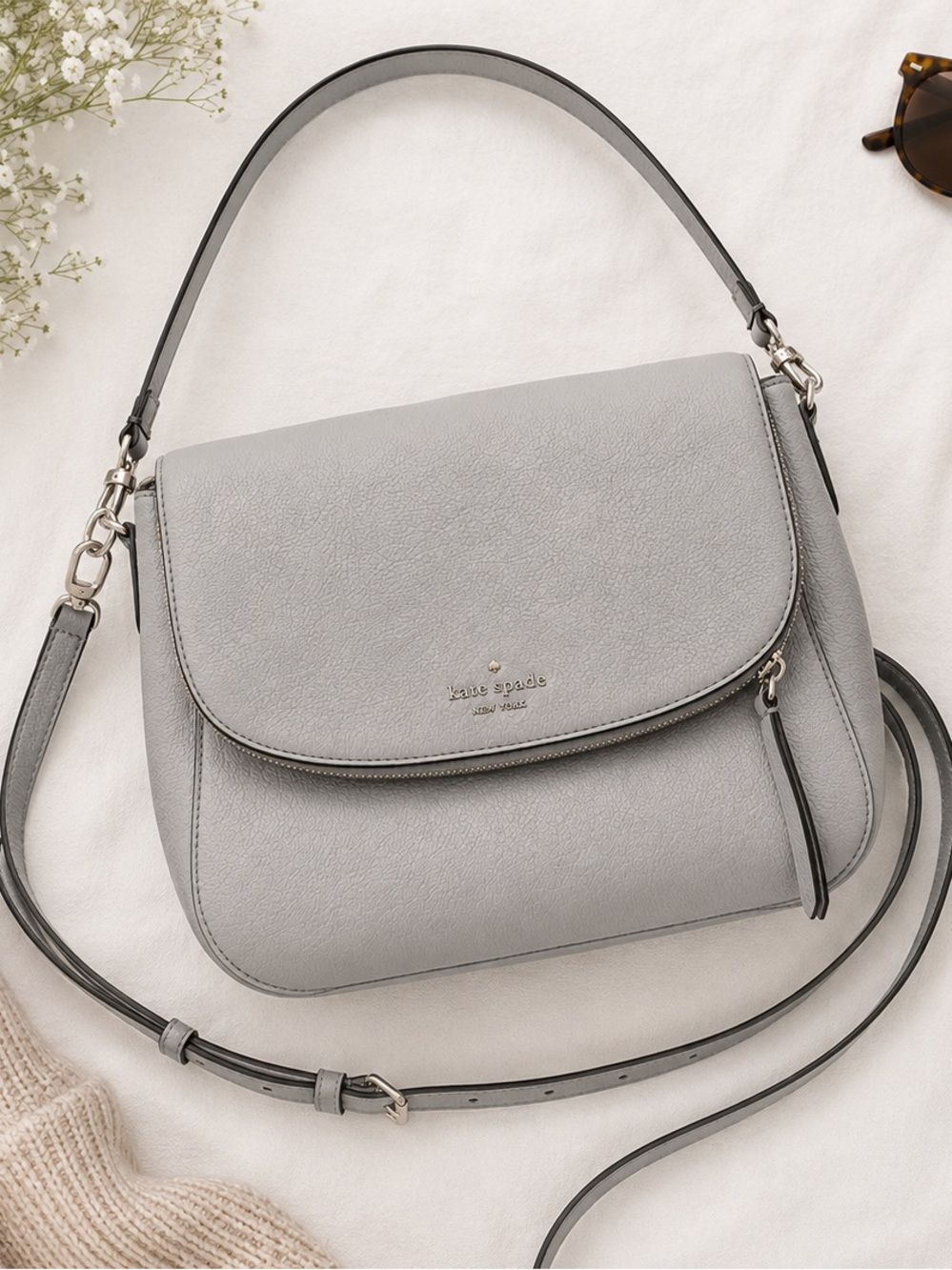 Kate Spade Jackson Medium Flap Shoulder/Crossbody Bag - Nimbus Grey - Leather